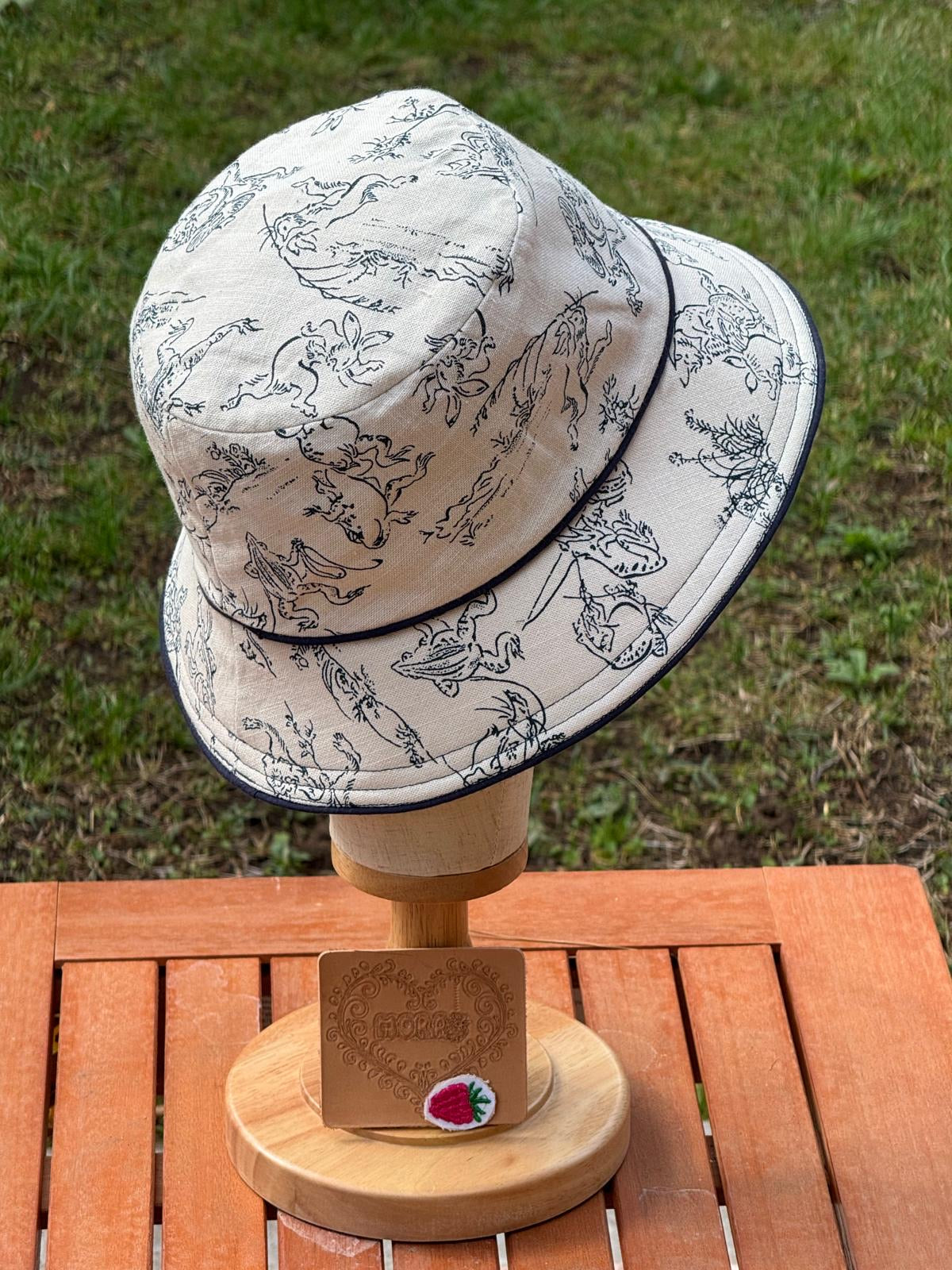 Cappello Bucket Artigianale Beige e blu Fatto a Mano, Cotone tradizionale Giapponese.