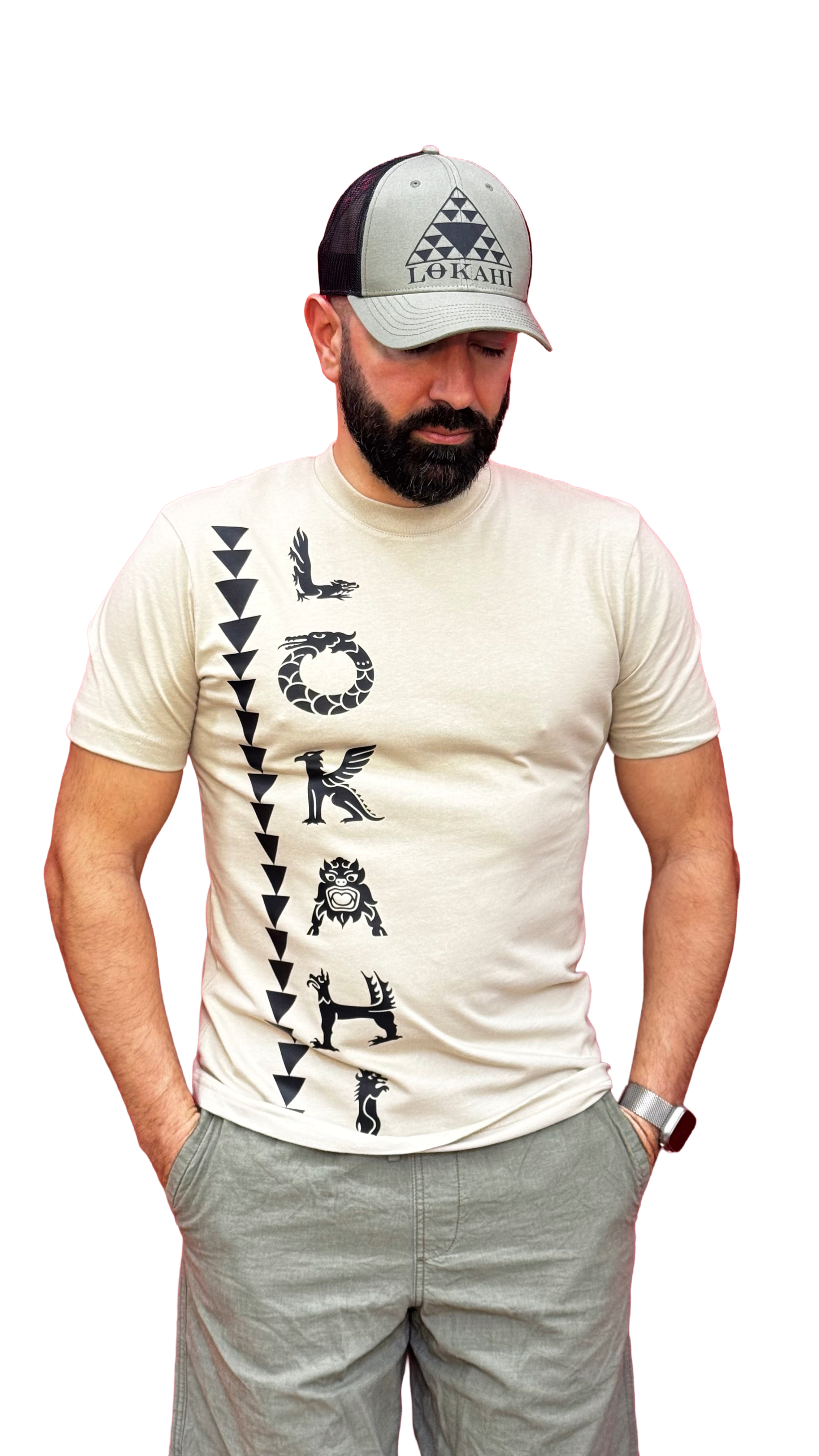 T-shirt Lokahi, vestibiltà normale, scritta verticale.